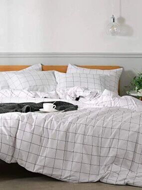 JELLYMONI Cotton Plaid Duvet Cover Twin Black White Grid Bedding Set
